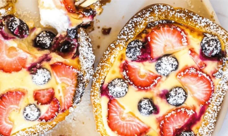 Delicious yogurt custard toast recipe topped with fresh fruits.