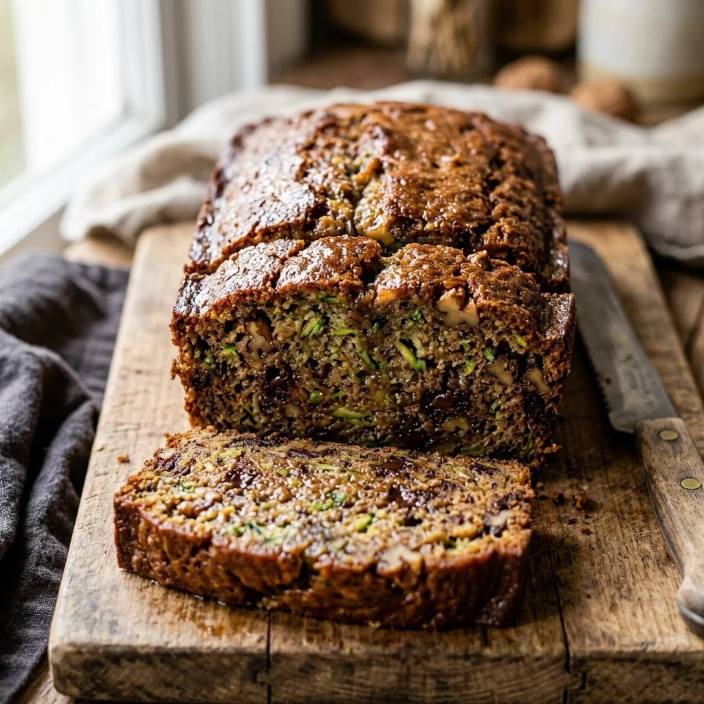 Deliciously moist homemade zucchini bread sliced on a wooden cutting board
