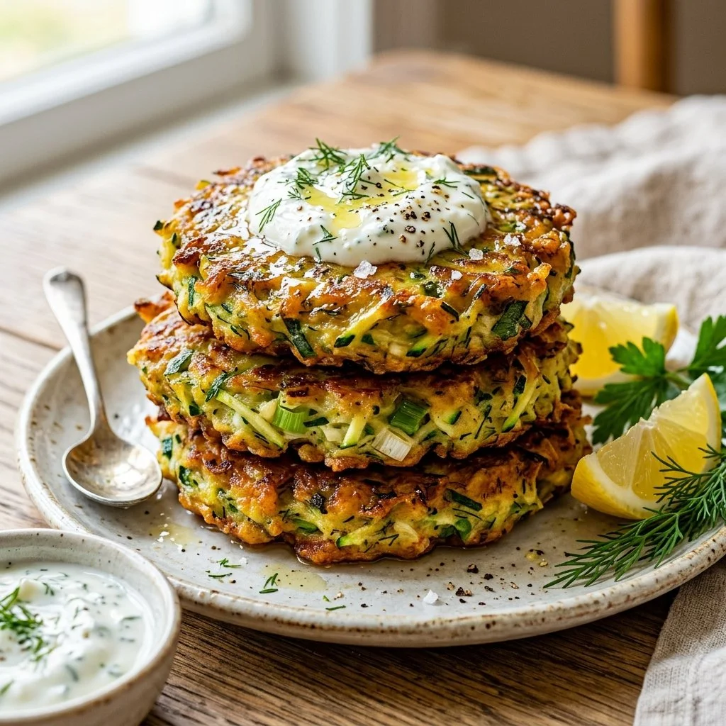 Delicious crispy zucchini fritters served on a plate with a dip