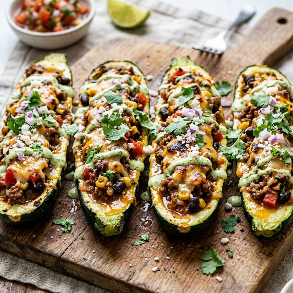 Healthy zucchini taco boats filled with seasoned meat and toppings