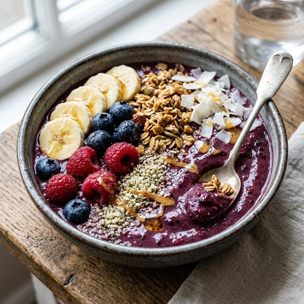 Colorful acai smoothie bowl topped with fresh fruits and granola