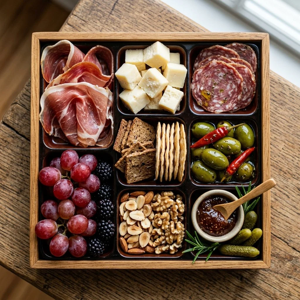 A variety of gourmet Adult Lunchables with cheese, meats, and fruits on a wooden board.