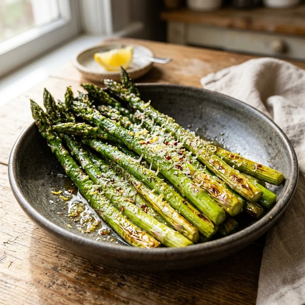 Crispy air fryer asparagus served on a plate with seasoning