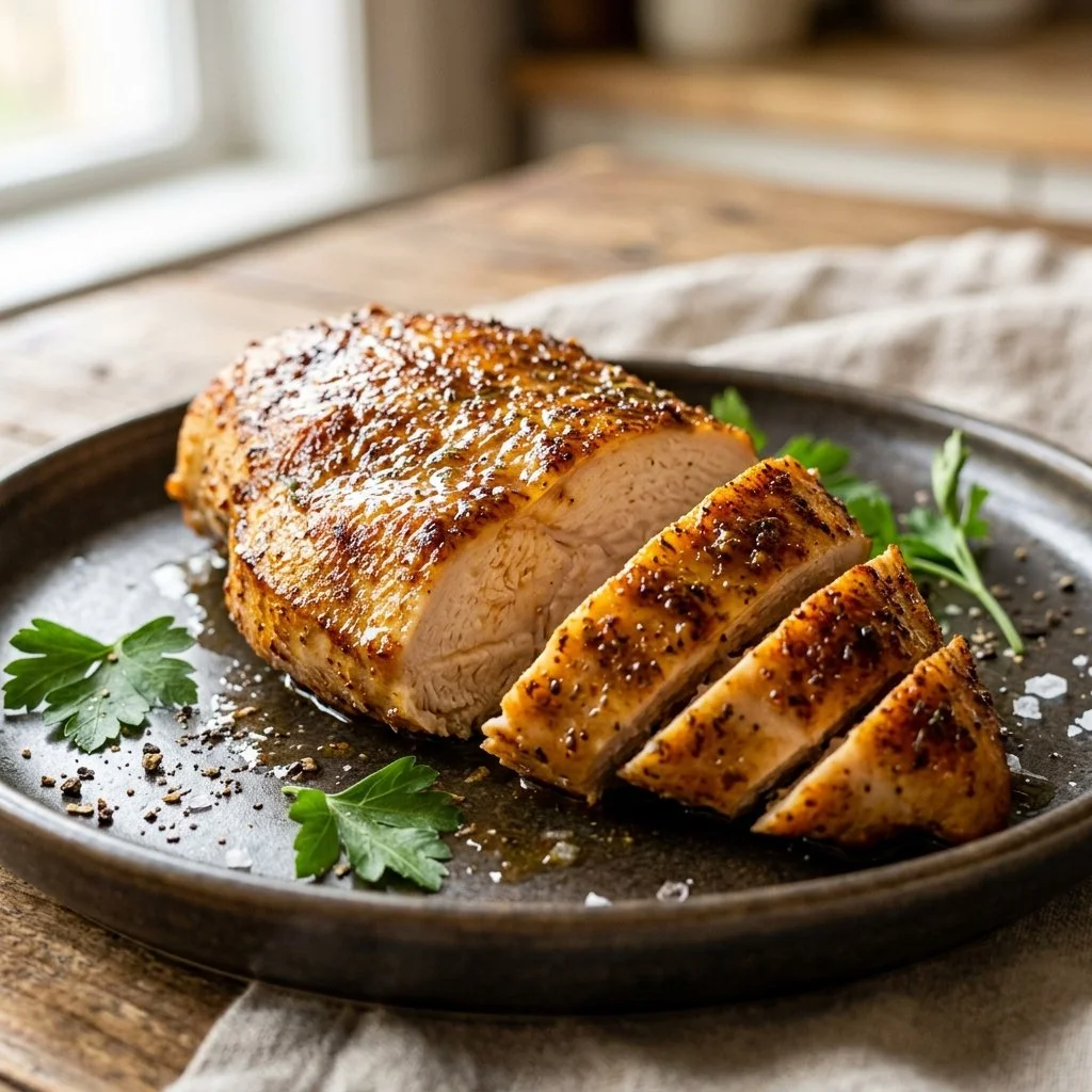 Juicy air fryer chicken breast served with vegetables
