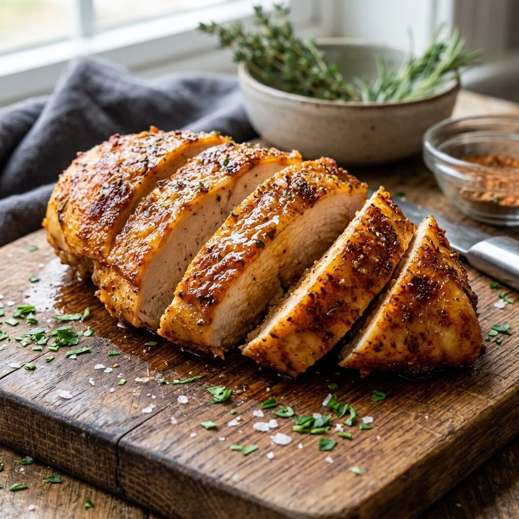 Juicy air fryer chicken breast served with fresh herbs and vegetables.