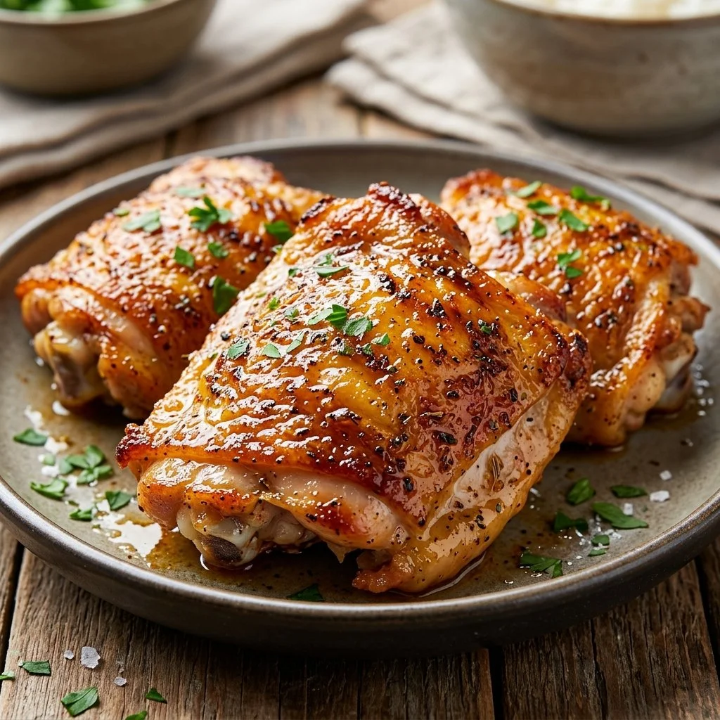 Delicious air fryer chicken thighs cooked to perfection with a crispy exterior.
