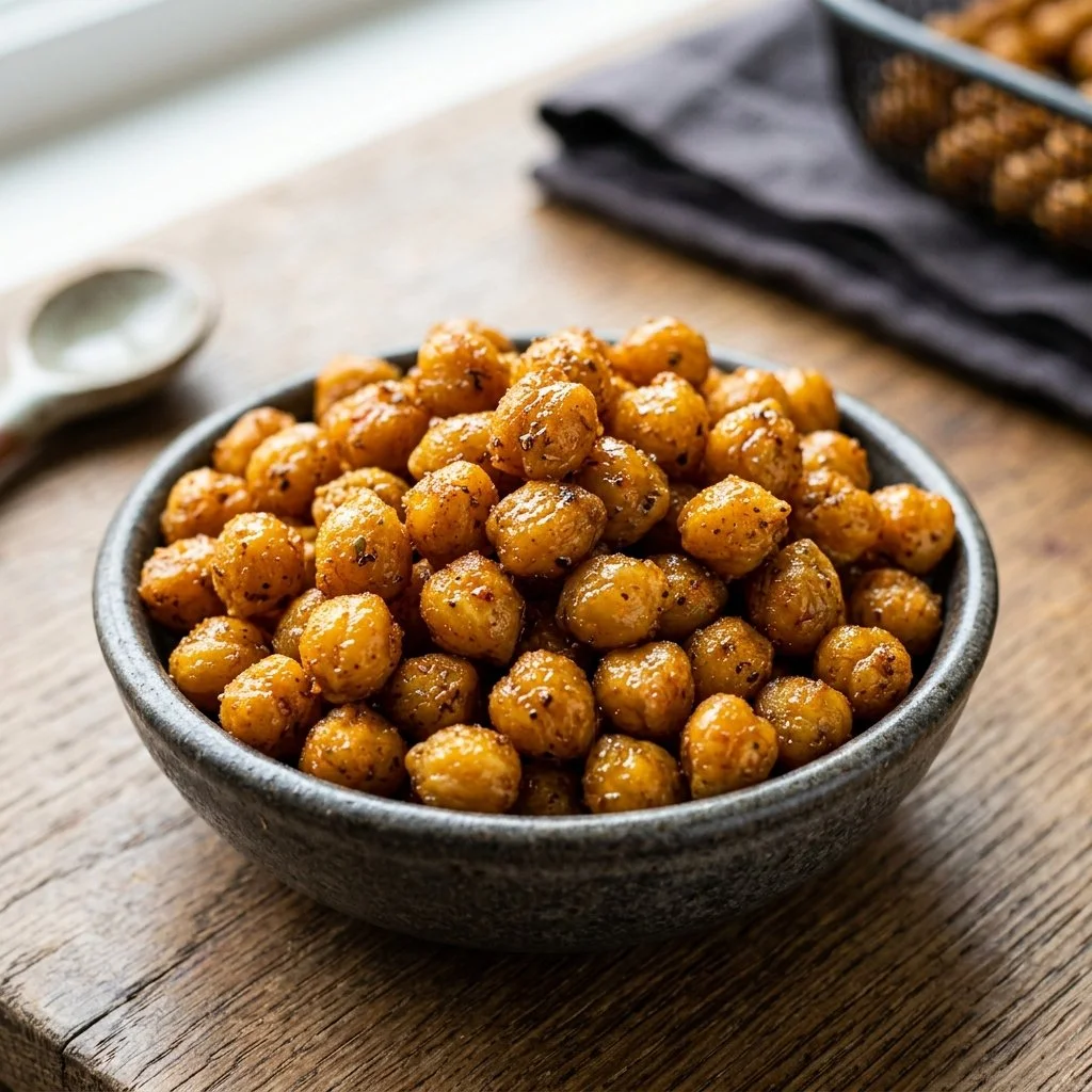 Crispy air fryer chickpeas served in a bowl as a healthy snack option.