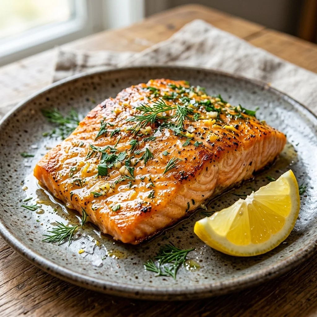 Deliciously cooked air fryer salmon served on a plate with lemon
