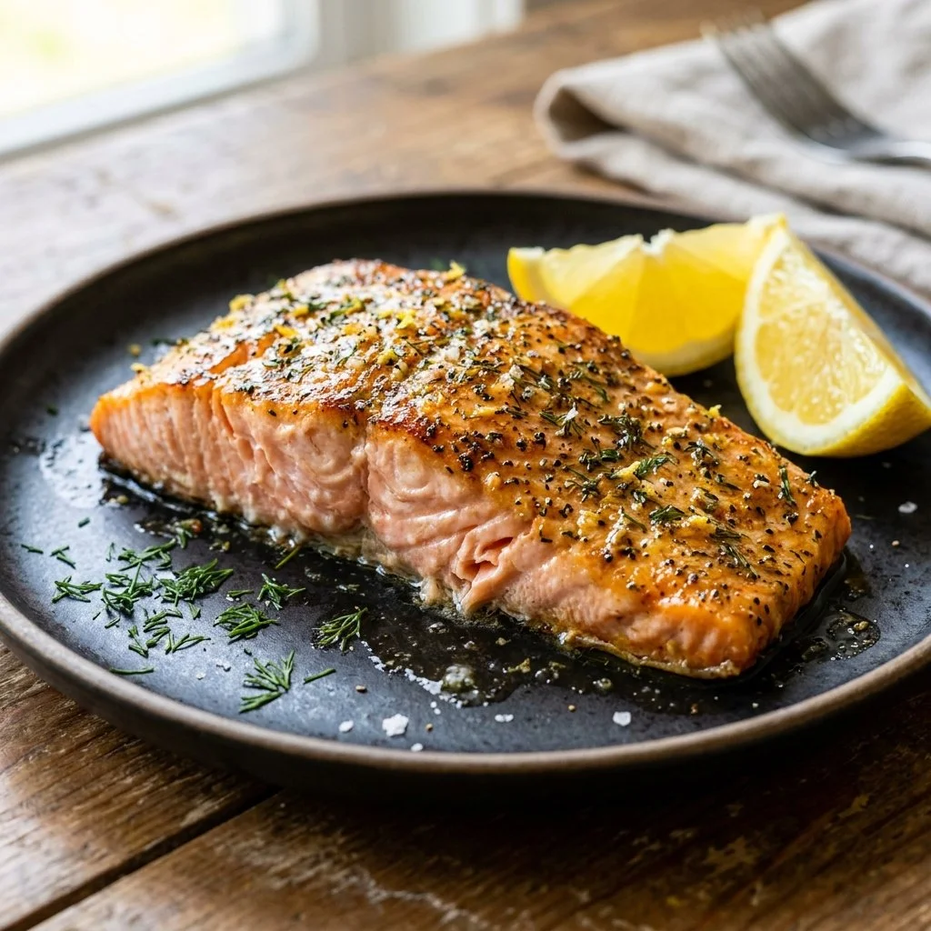 Delicious air fryer salmon served with vegetables