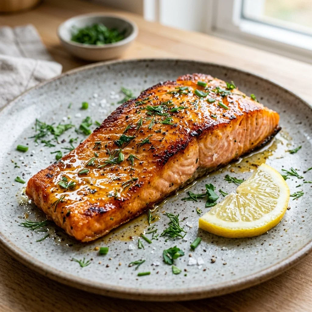 Perfectly cooked air fryer salmon fillet served with lemon and herbs