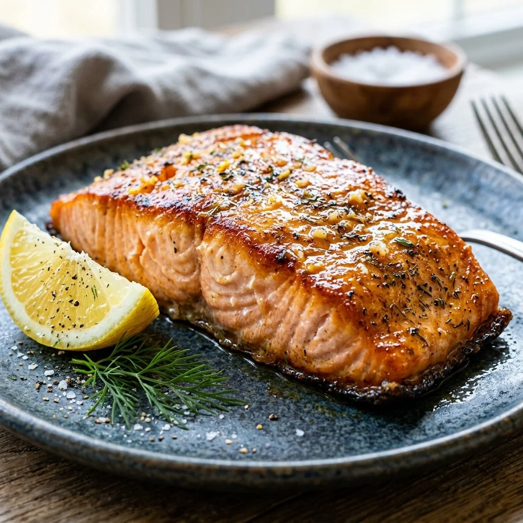 Delicious air fryer salmon served with vegetables on a plate