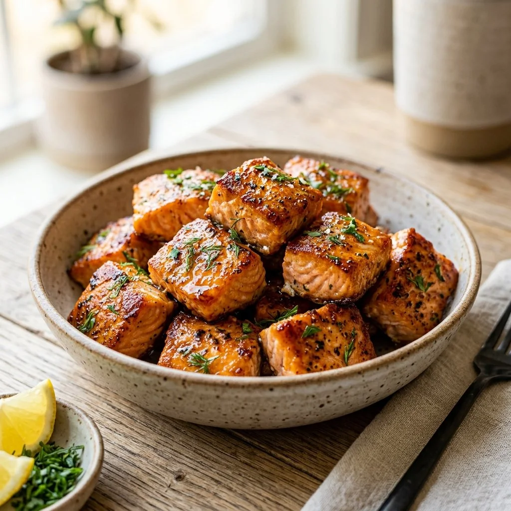 Crispy air fryer salmon bites served in a bowl with dipping sauce