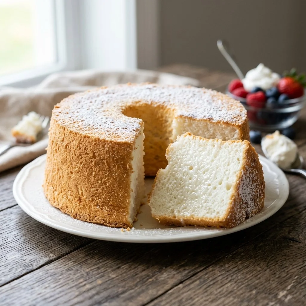 Delicious slice of homemade Angel Food Cake topped with fresh berries