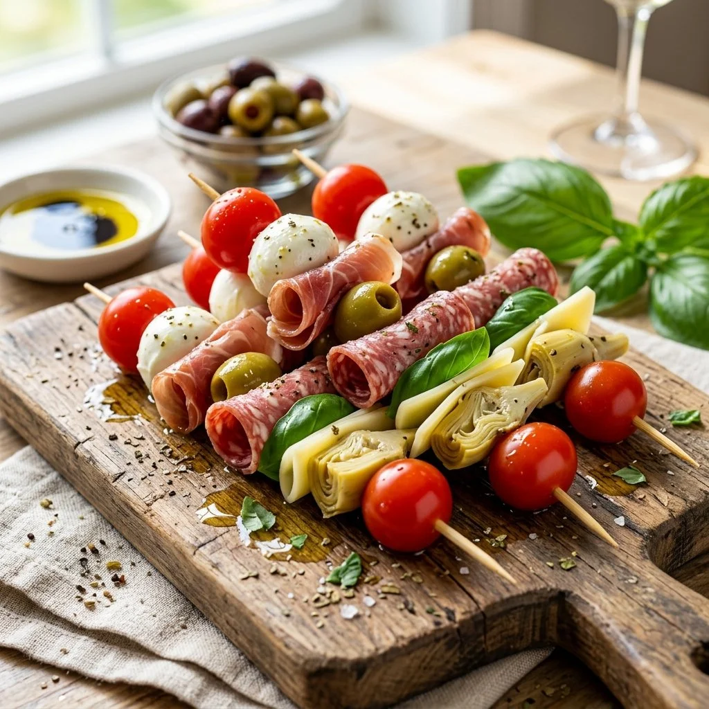 Colorful antipasto skewers featuring olives, cheese, and cured meats.