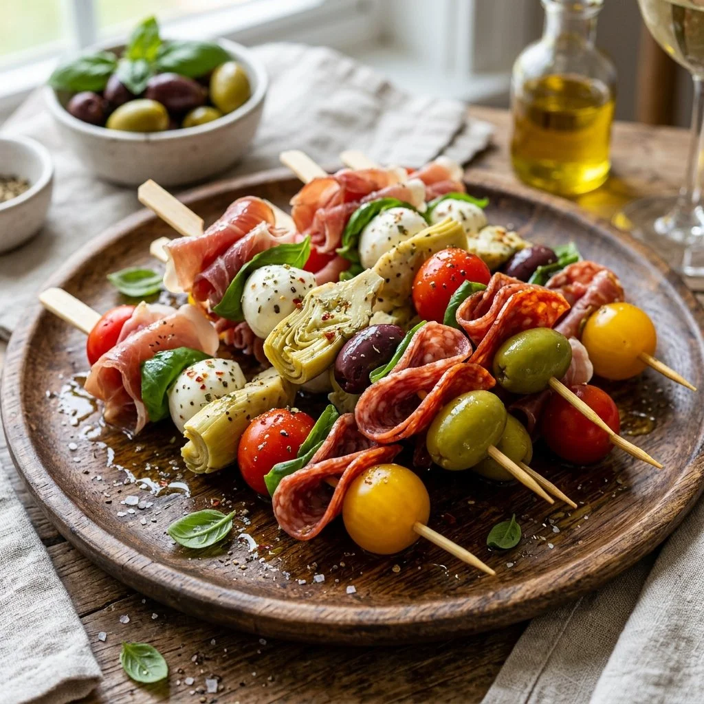 Colorful antipasto skewers with olives, cheese, and salami on a plate.