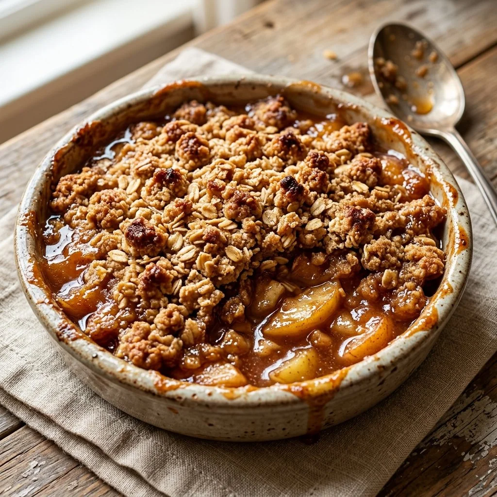 Delicious homemade Apple Crisp with a golden oat topping and fresh apples