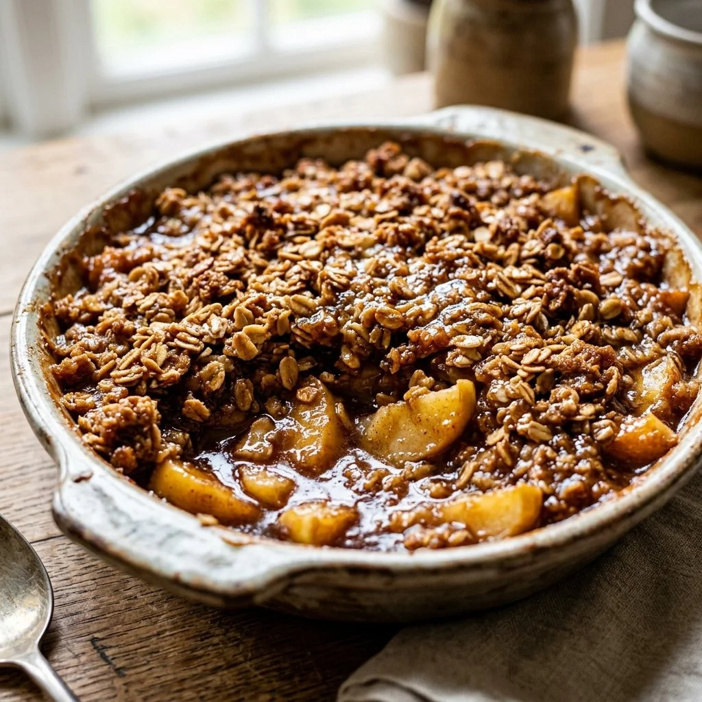 Delicious homemade apple crisp topped with a buttery crumble and cinnamon