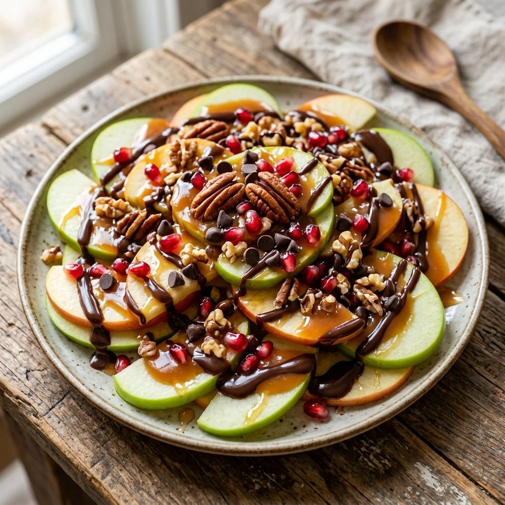 Delicious Apple Nachos topped with caramel, chocolate, and nuts