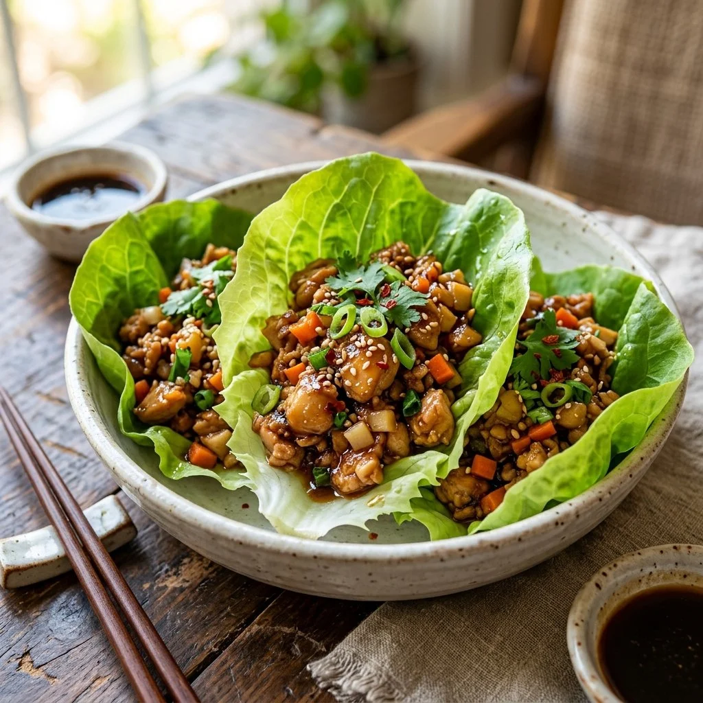 Asian chicken lettuce wraps served with dipping sauce on a plate