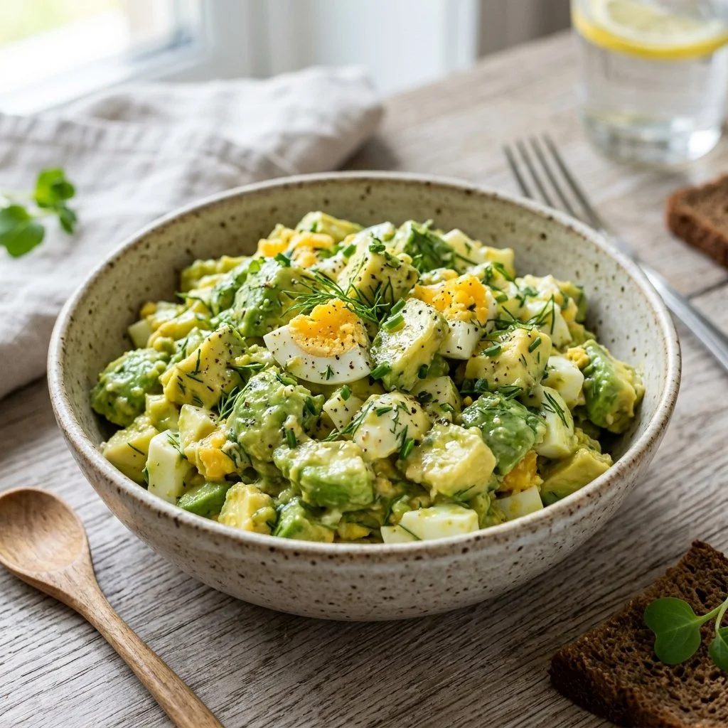 Bowl of creamy avocado egg salad with slices of avocado and chopped eggs