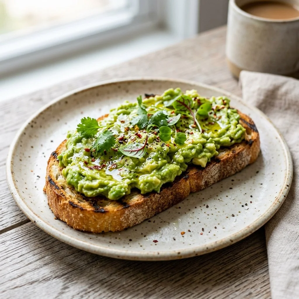 Delicious avocado toast topped with cherry tomatoes and herbs on a wooden table