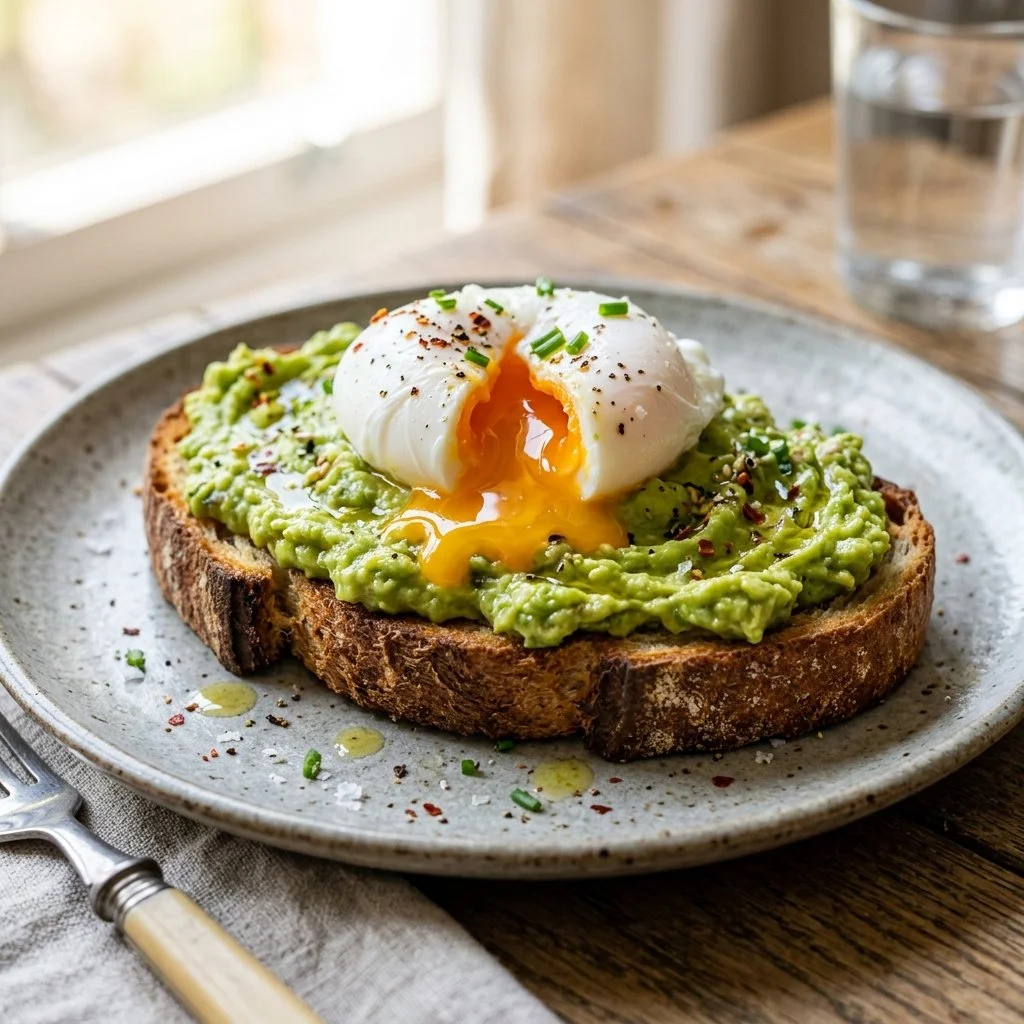 Delicious avocado toast topped with a perfectly cooked egg.