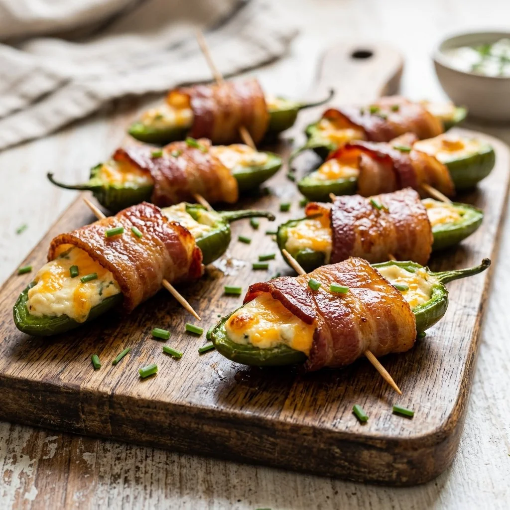 Bacon Wrapped Jalapeno Poppers on a platter ready to serve