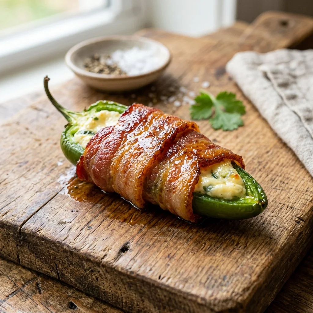Bacon wrapped jalapenos ready to be served as a spicy appetizer
