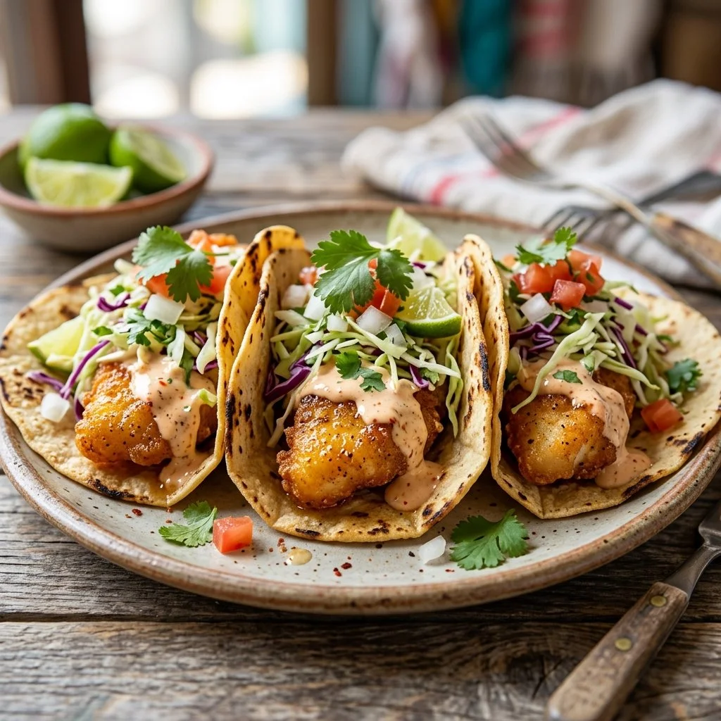 Delicious Baja Fish Tacos with fresh ingredients and vibrant toppings