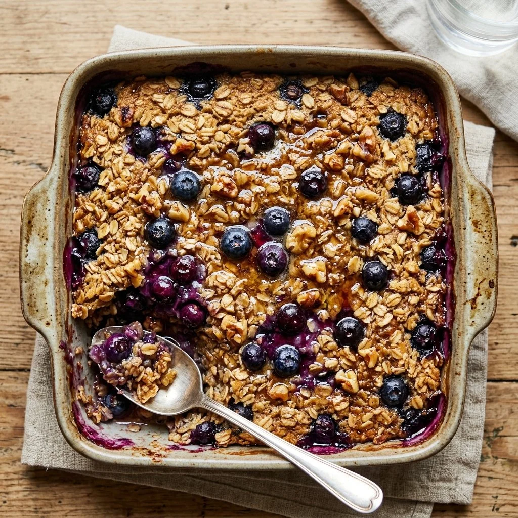 Delicious baked blueberry oatmeal dish topped with fresh blueberries.