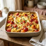 Baked feta pasta in a casserole dish with tomatoes and herbs