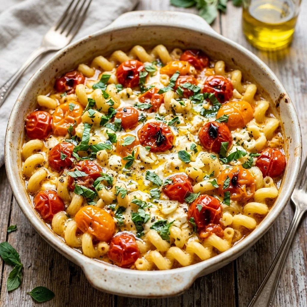Delicious baked feta pasta served with fresh herbs and tomatoes