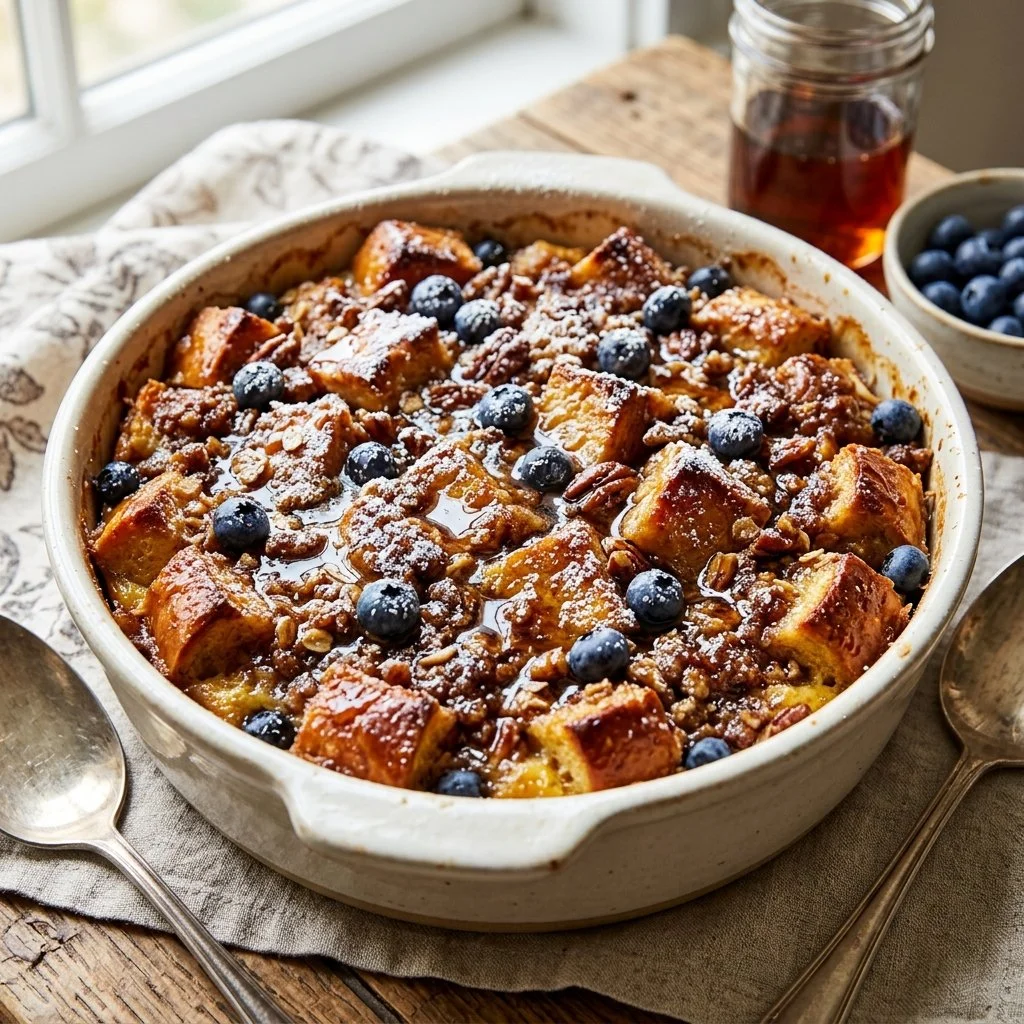 Delicious baked French toast casserole topped with syrup and berries
