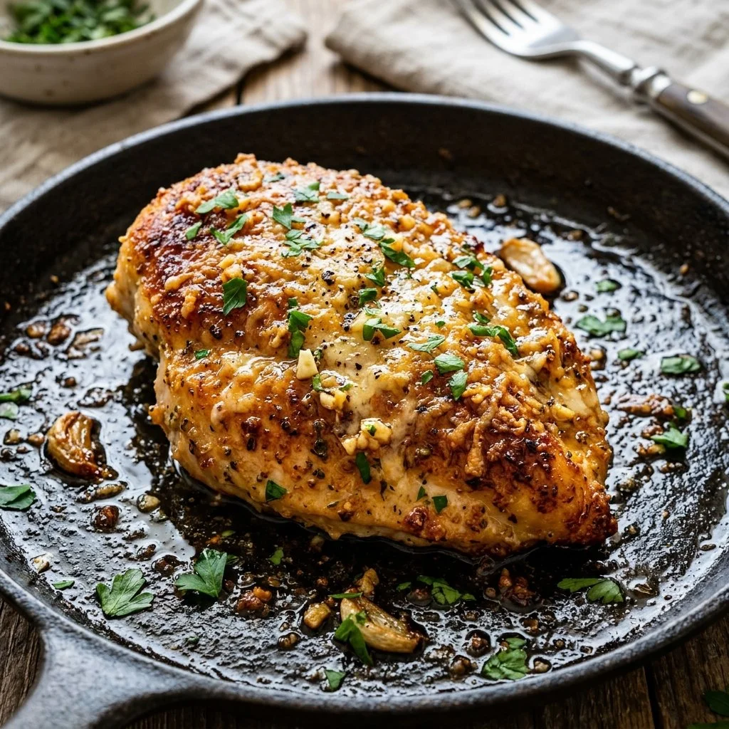 Baked Garlic Parmesan Chicken garnished with herbs on a plate