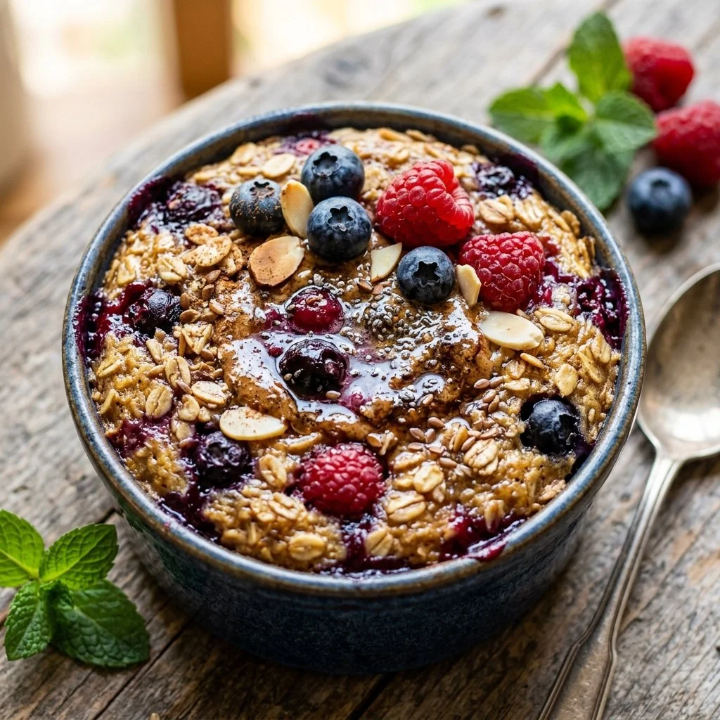 Delicious baked oats served in a bowl with fresh fruit and nuts