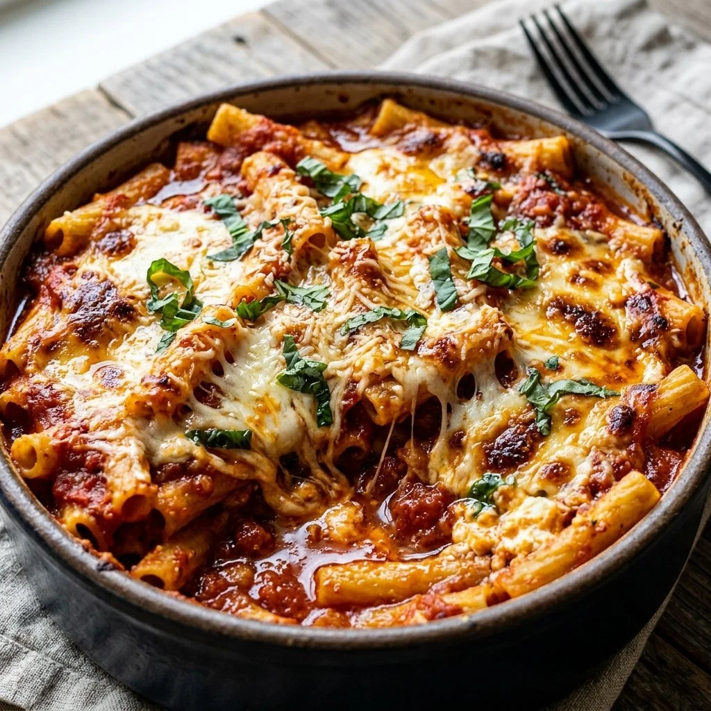 Delicious baked ziti with cheese and marinara sauce, served in a baking dish