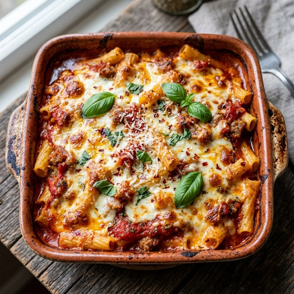 Delicious Baked Ziti topped with melted cheese and fresh herbs