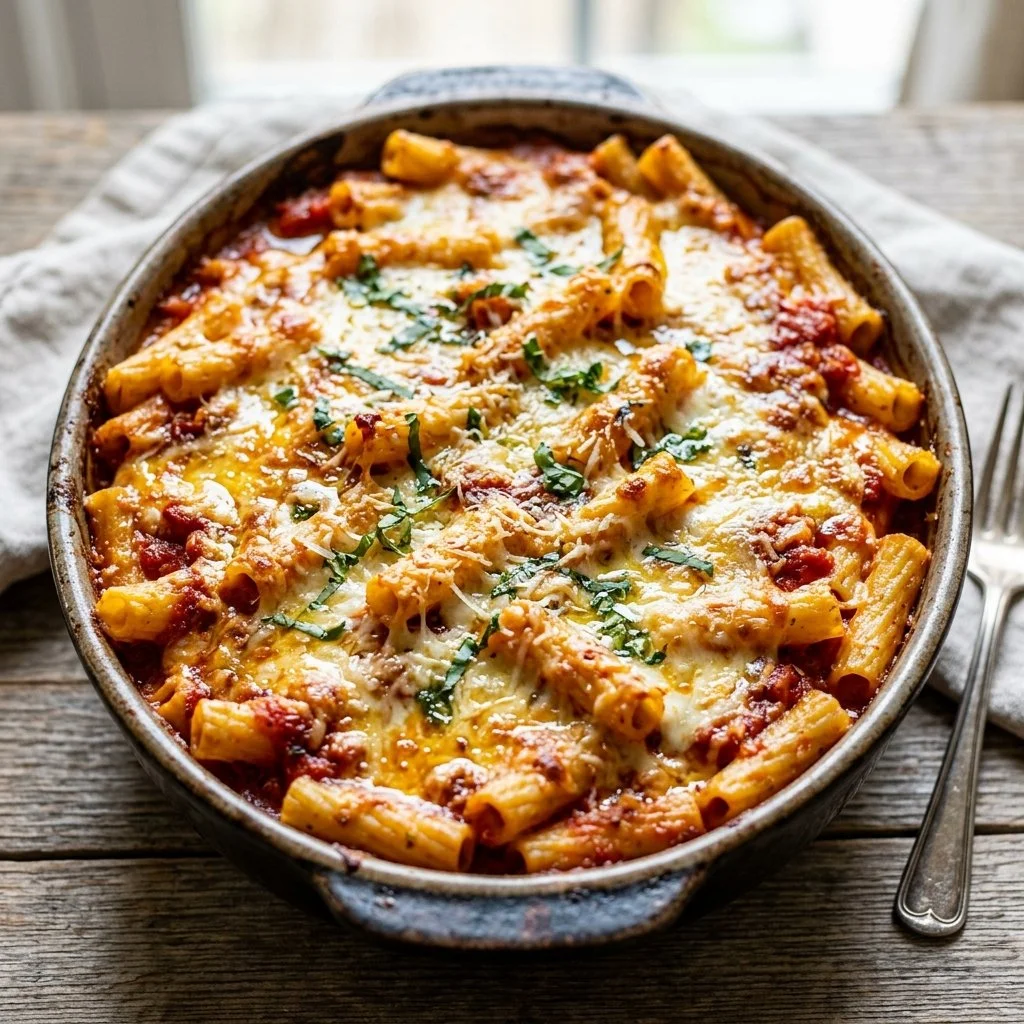 Delicious baked ziti with cheese and marinara sauce, perfect for a family meal.
