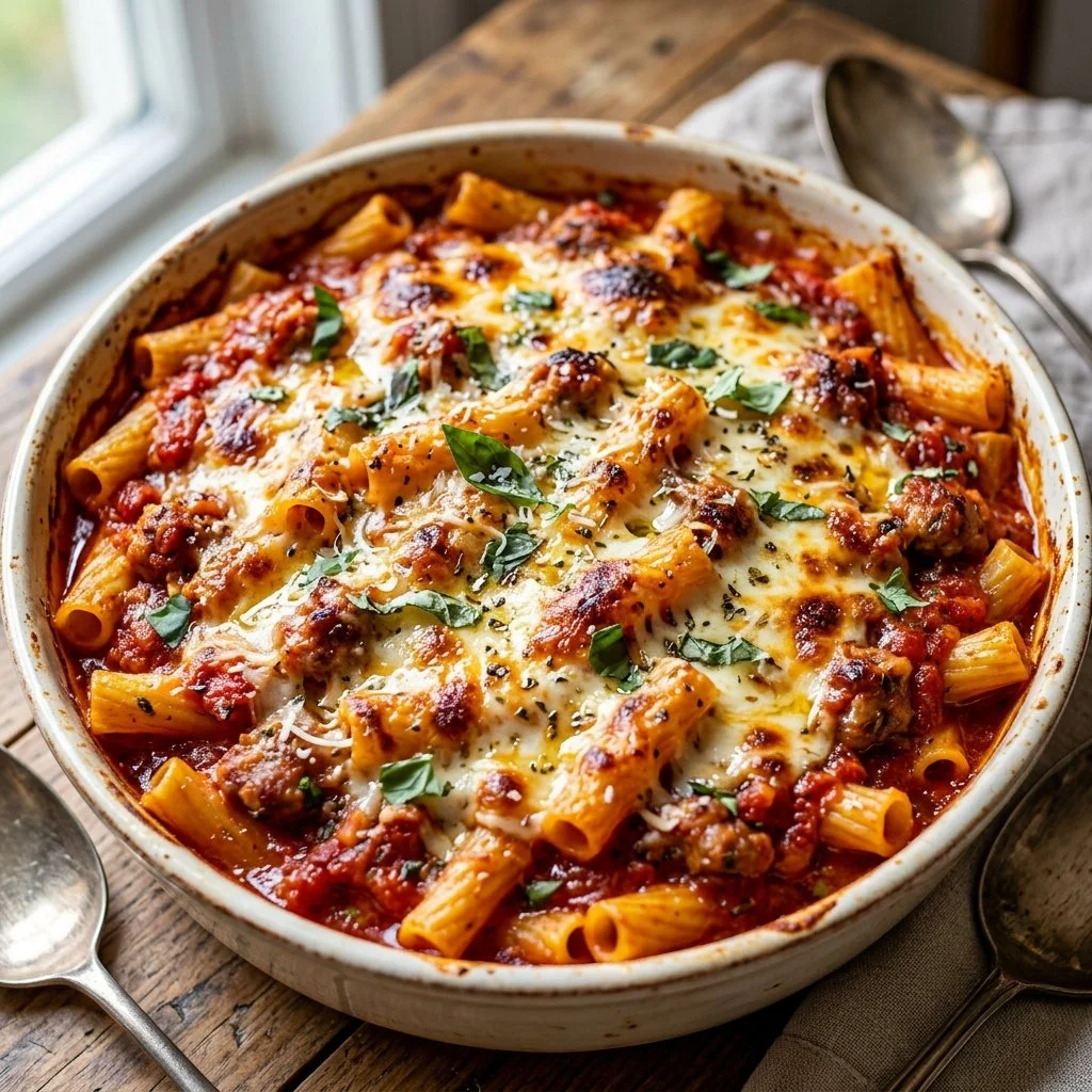 Delicious baked ziti with cheese and marinara sauce, served in a casserole dish.