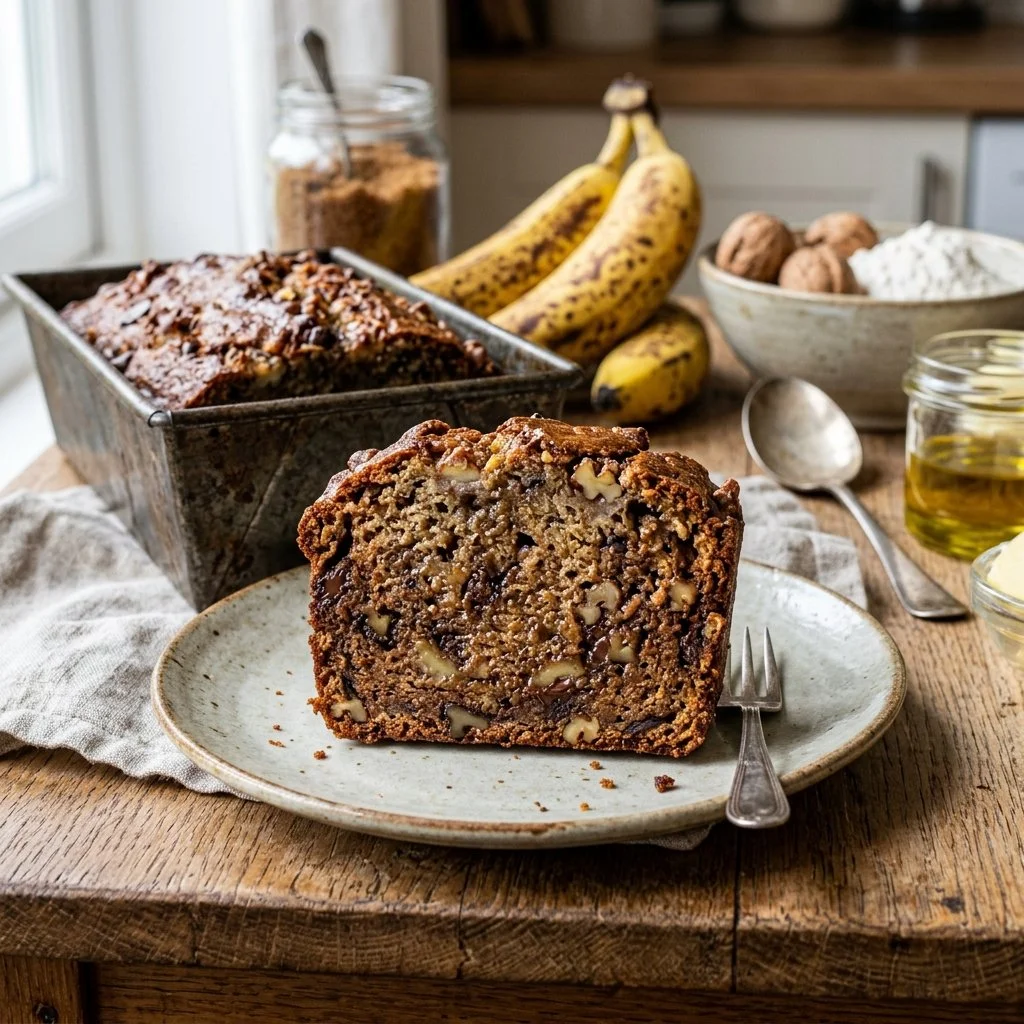 Freshly baked banana bread loaf with slices on a wooden table