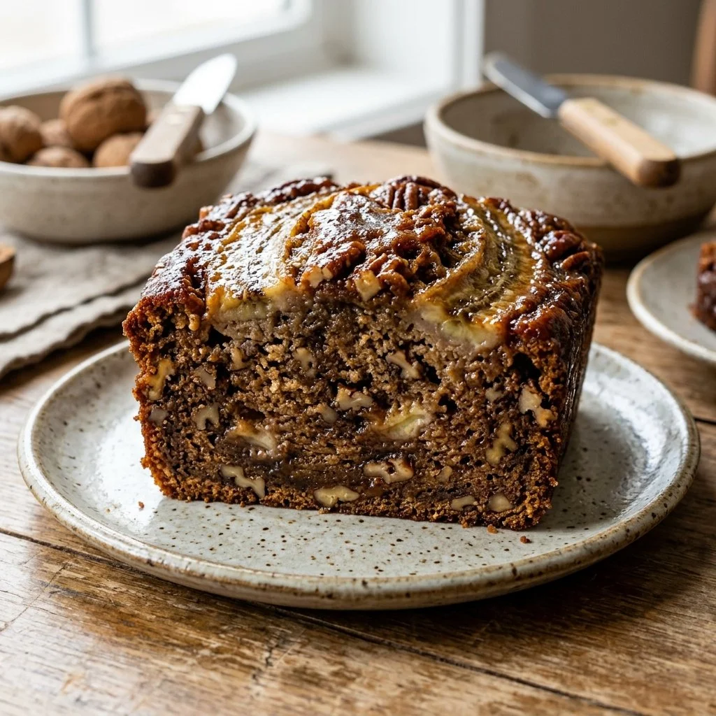 Freshly baked banana bread with ripe bananas on a kitchen counter.