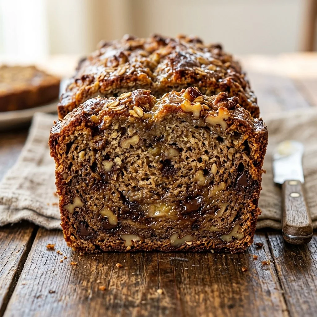 Freshly baked banana bread loaf with slices on a wooden board