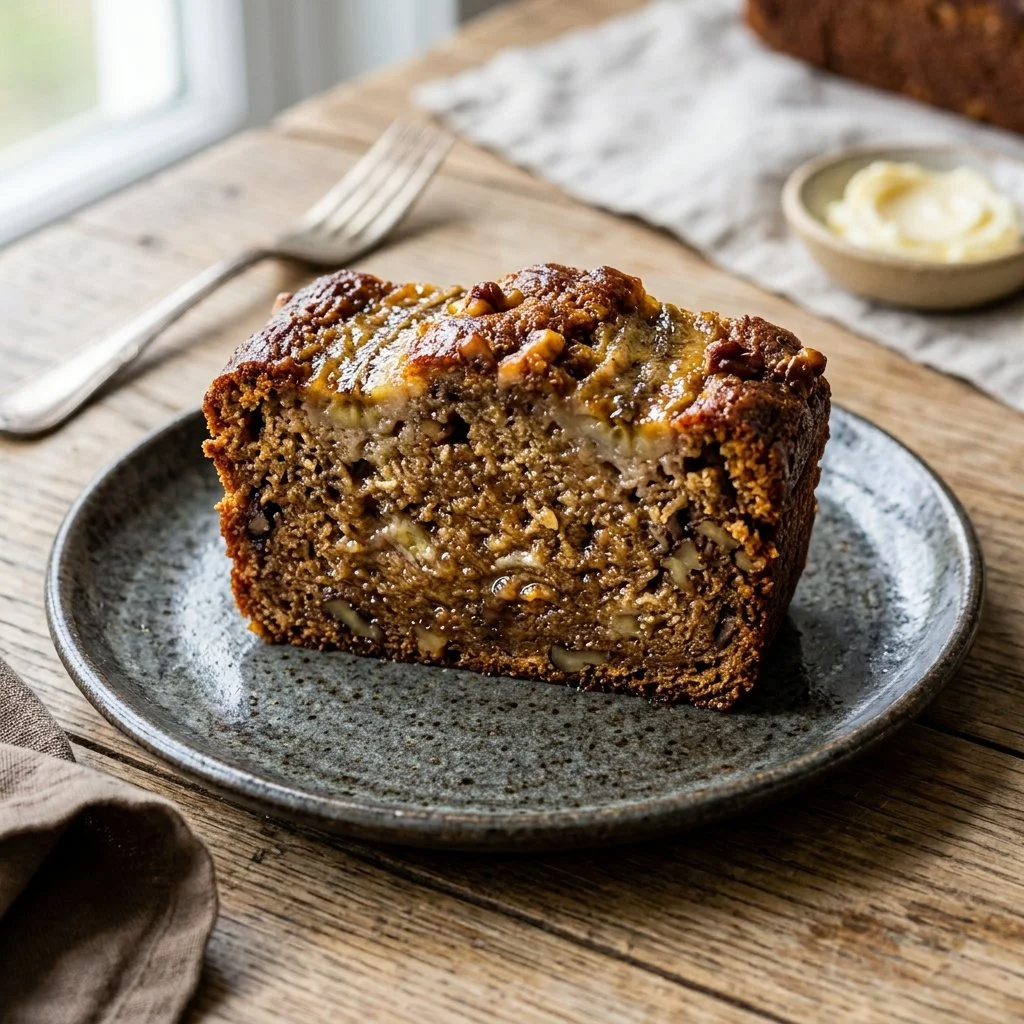 Freshly baked banana bread loaf with sliced bananas on a wooden cutting board.
