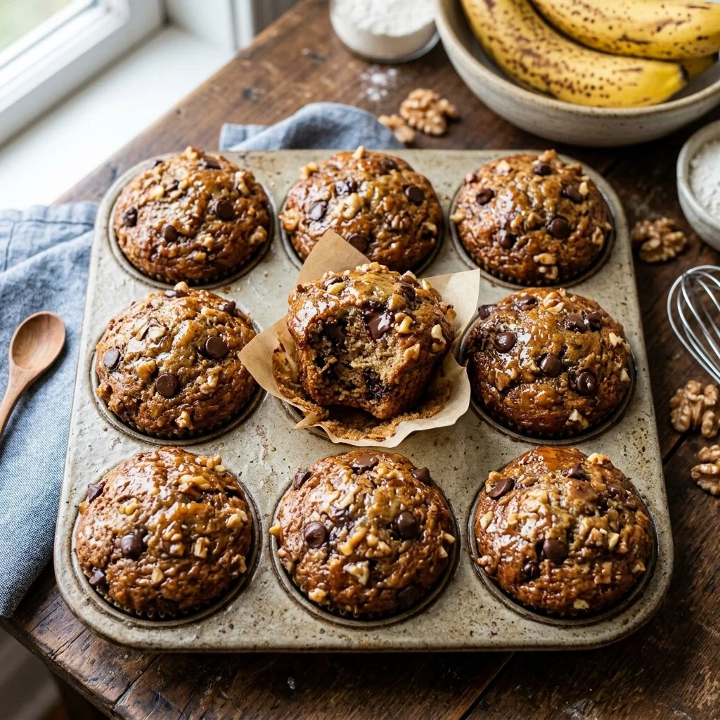Freshly baked banana bread muffins with golden tops and banana slices