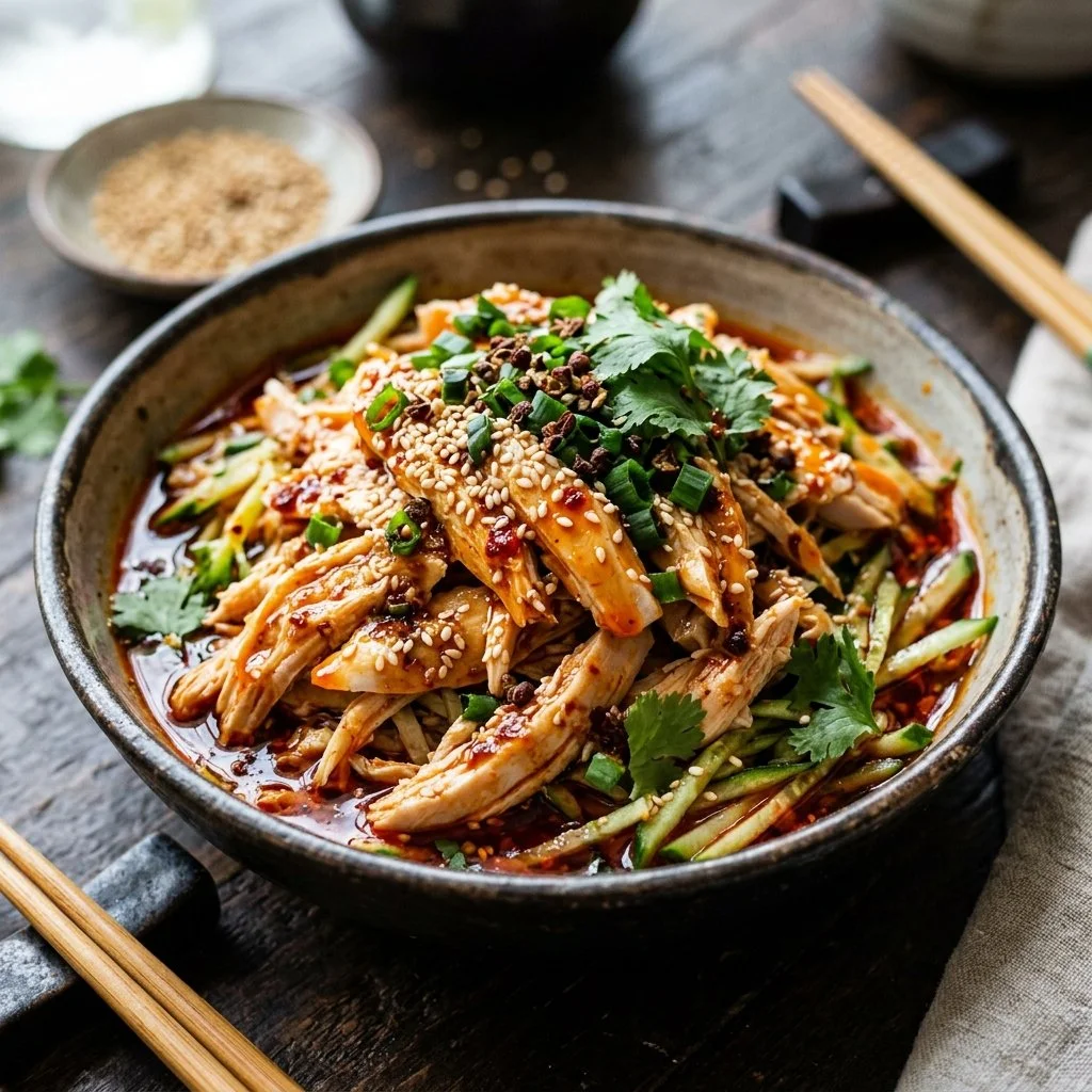 Plate of Bang Bang Chicken garnished with herbs and chili peppers.