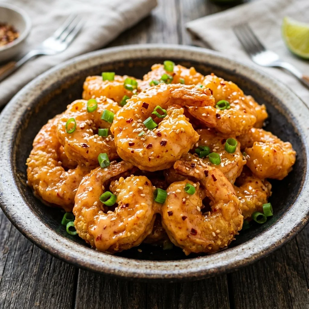 Plate of crispy Bang Bang Shrimp garnished with green onions and spicy sauce