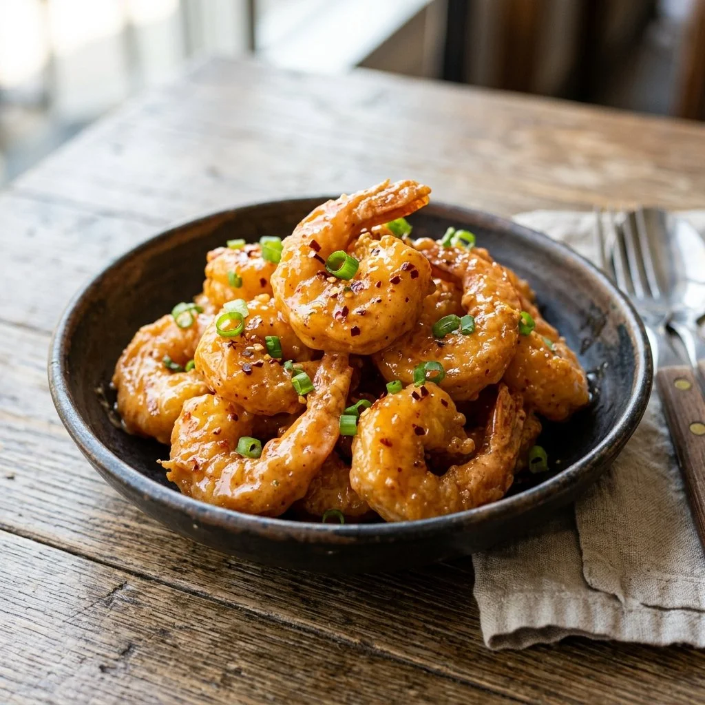 Delicious Bang Bang Shrimp served on a plate with dipping sauce