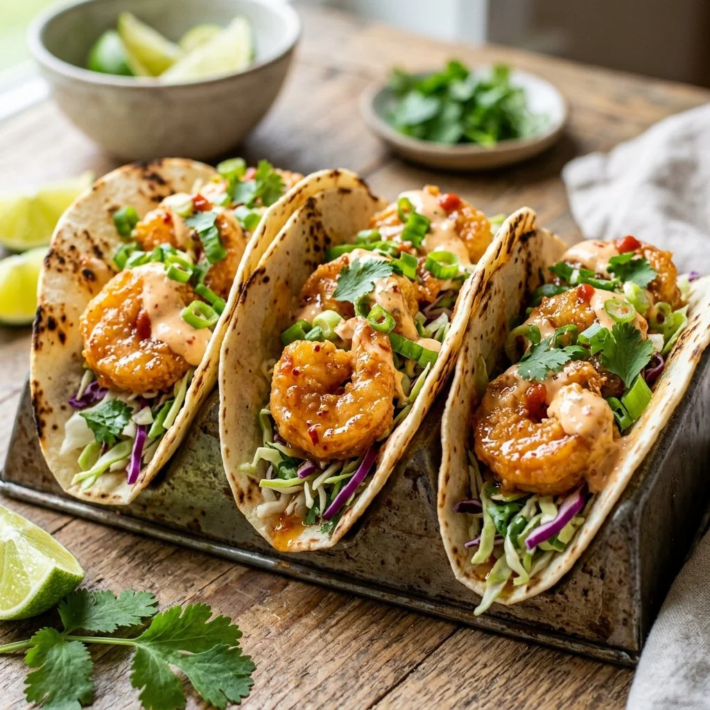 Delicious Bang Bang Shrimp Tacos topped with fresh ingredients and spicy sauce