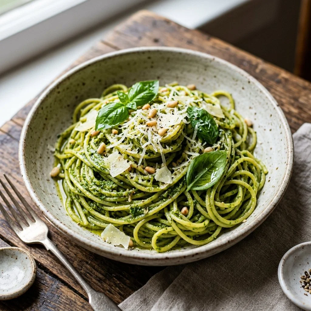 Basil pesto pasta served with fresh basil leaves and grated cheese