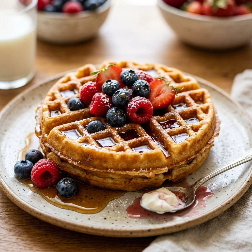Delicious Belgian waffles topped with syrup and berries on a plate